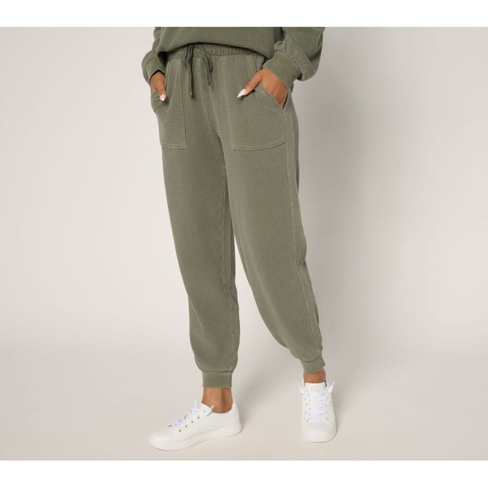 Anybody Women's Petite Pants PL Washed Waffle Knit Joggers Green